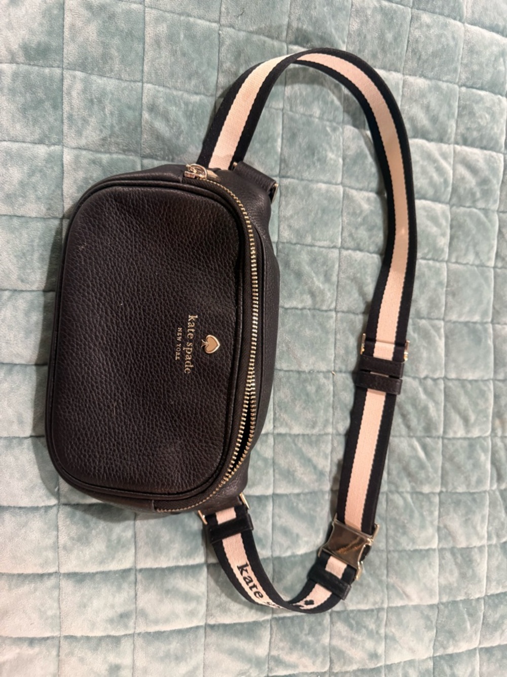 kate spade Black Pebbled Leather Belt Bag with Pink-Striped Strap